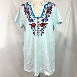 SOFT SURROUNDINGS Blue Floral Embroidered Tunic Shirt Women's L Boho 100% Cotton